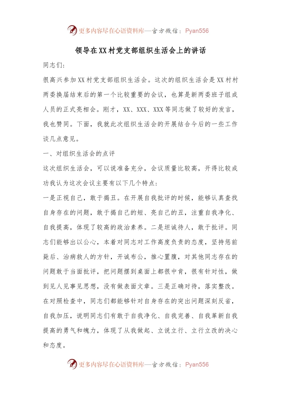 领导在XX村党支部组织生活会上的讲话.docx_第1页