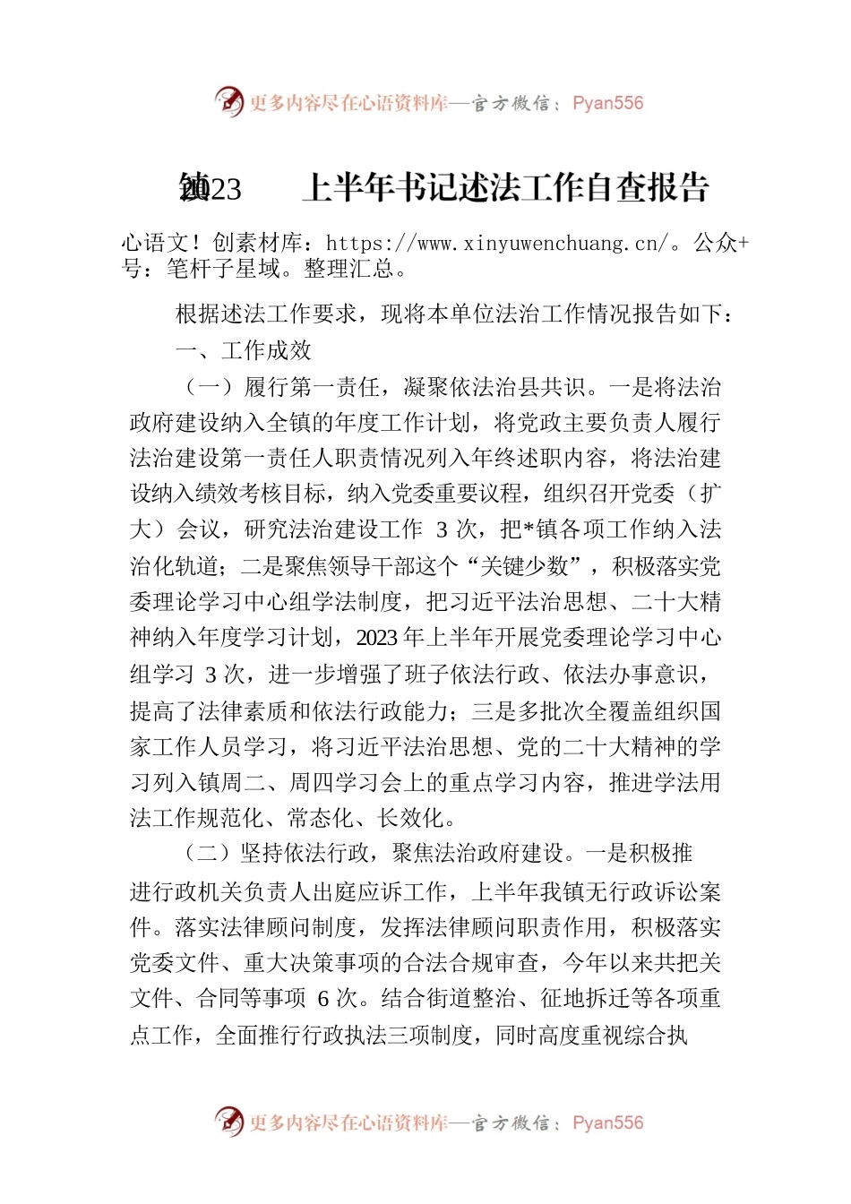 镇2023上半年书记述法工作自查报告.docx_第1页