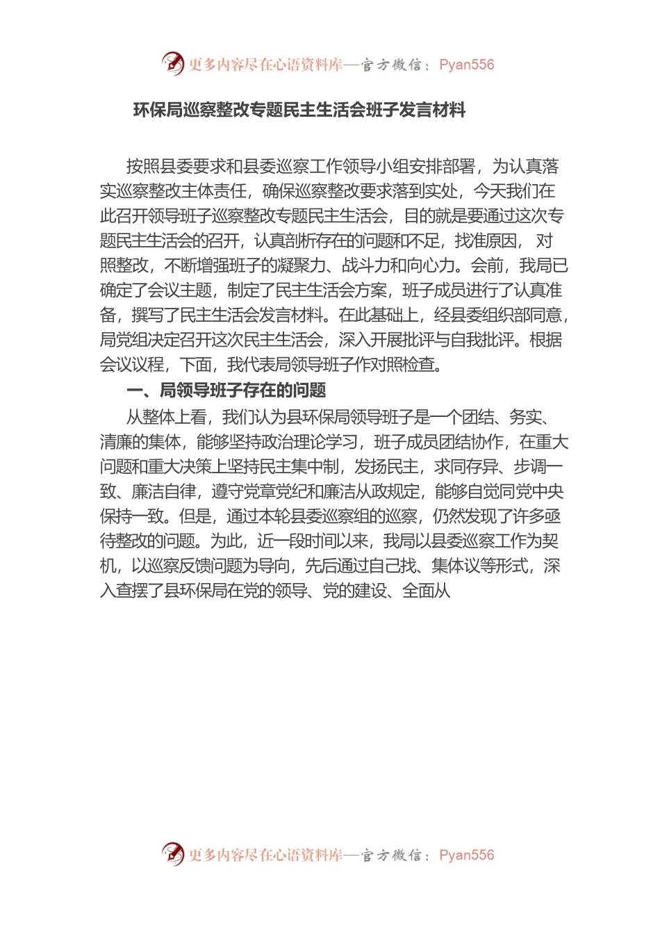 （1.6）环保局巡察整改专题民主生活会班子发言材料.docx_第1页