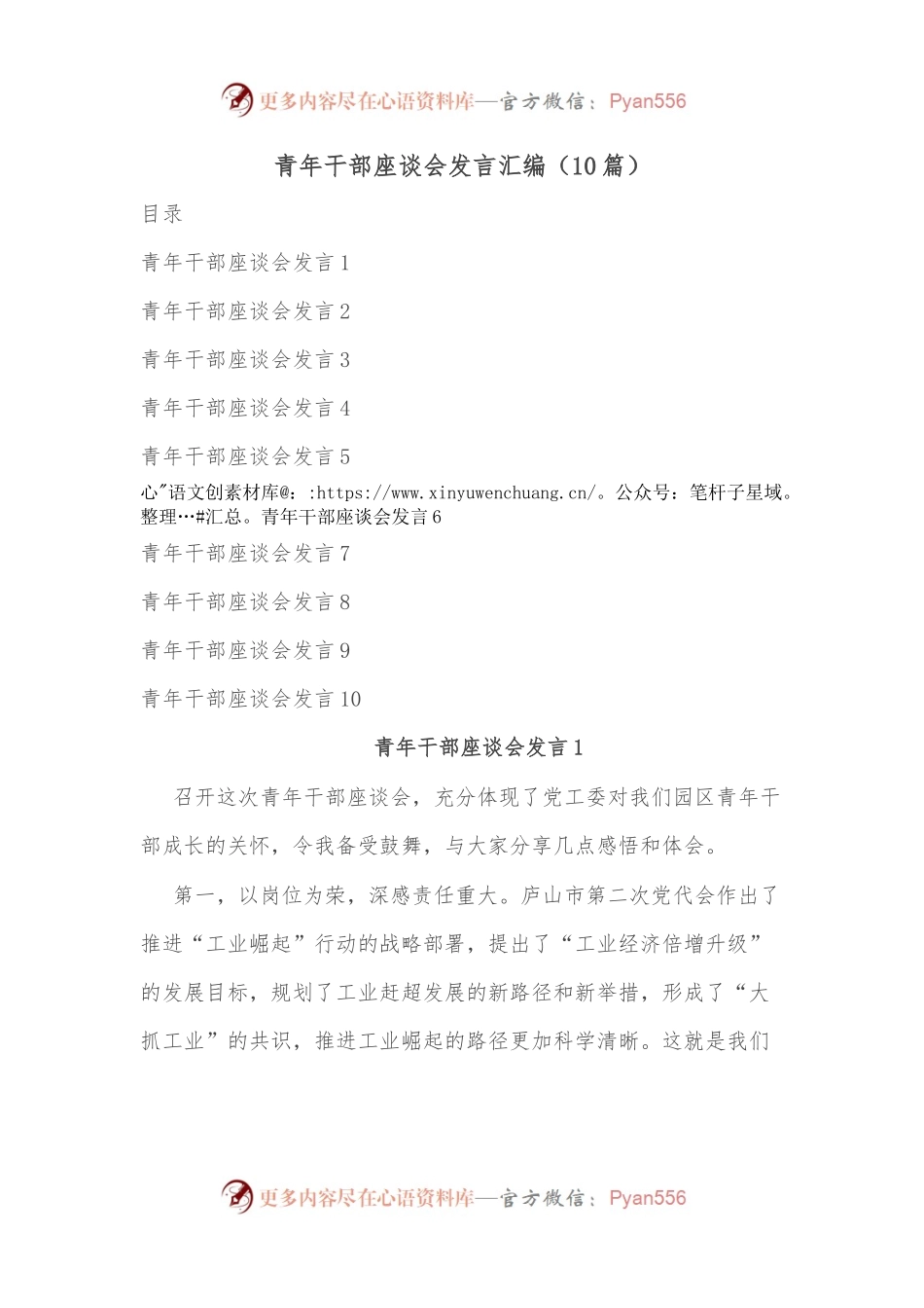 （10篇）青年干部座谈会发言汇编.docx_第1页