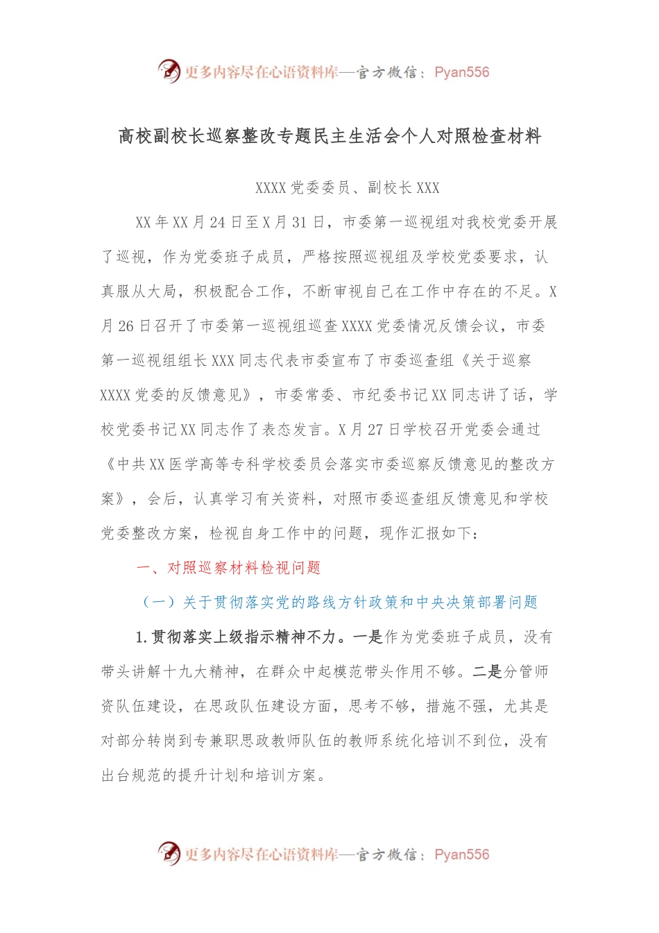 高校副校长巡察整改专题民主生活会个人对照检查材料.docx_第1页