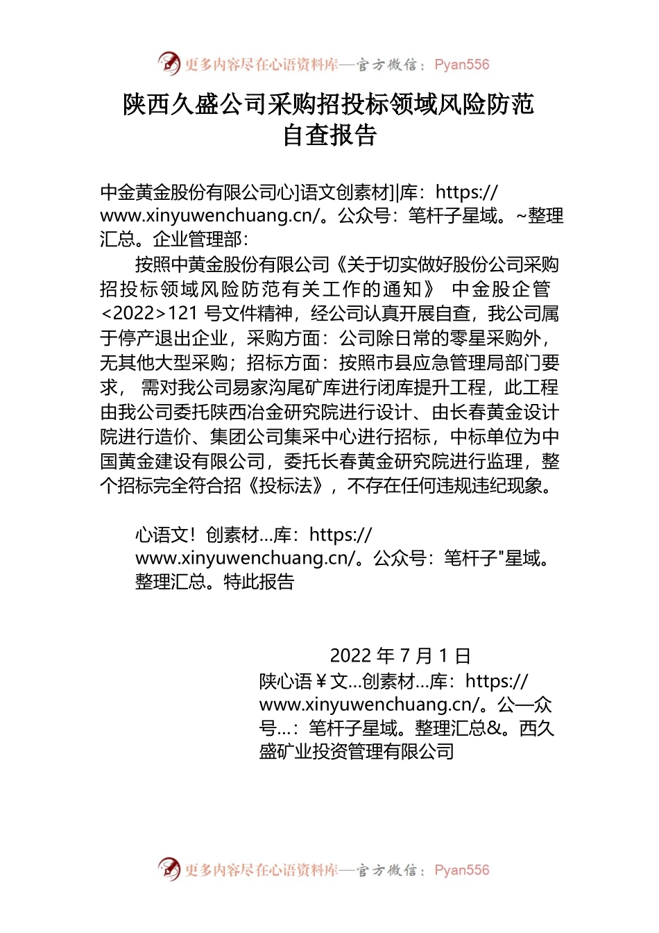 陕西久盛公司采购招投标领域风险防范自查报告（2022年6月）.docx_第1页