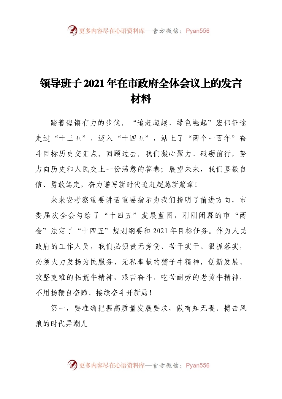 领导班子2021年在市政府全体会议上的发言材料.docx_第1页