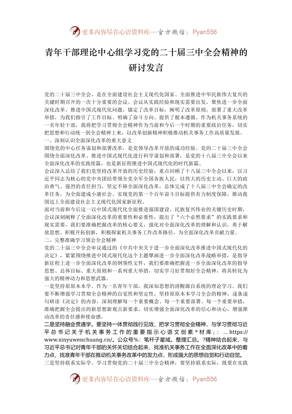 青年干部理论中心组学习党的二十届三中全会精神的研讨发言.docx_第1页