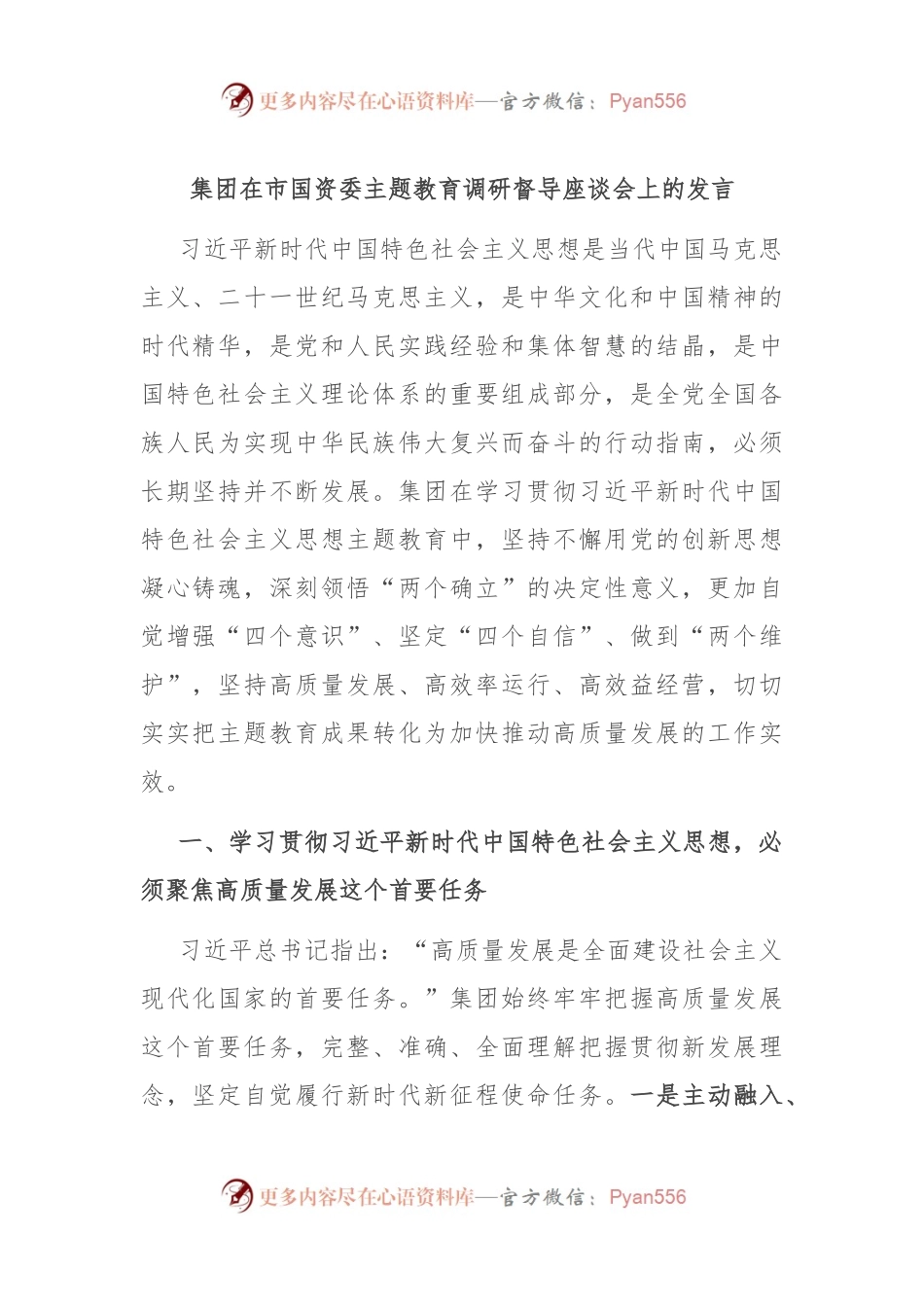 集团在市国资委主题教育调研督导座谈会上的发言.docx_第1页