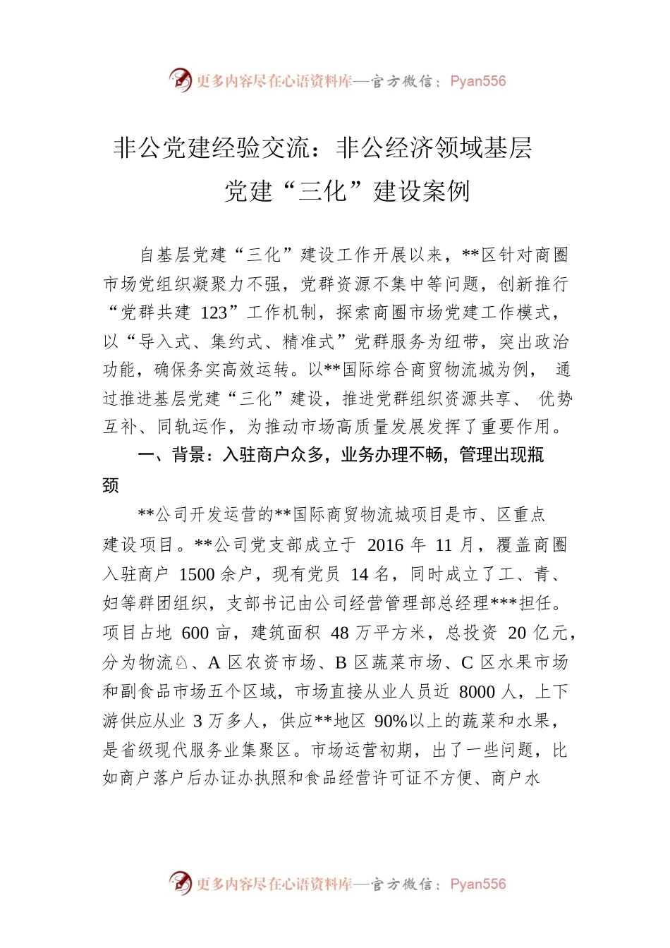 非公党建经验交流：非公经济领域基层党建“三化”建设案例.docx_第1页