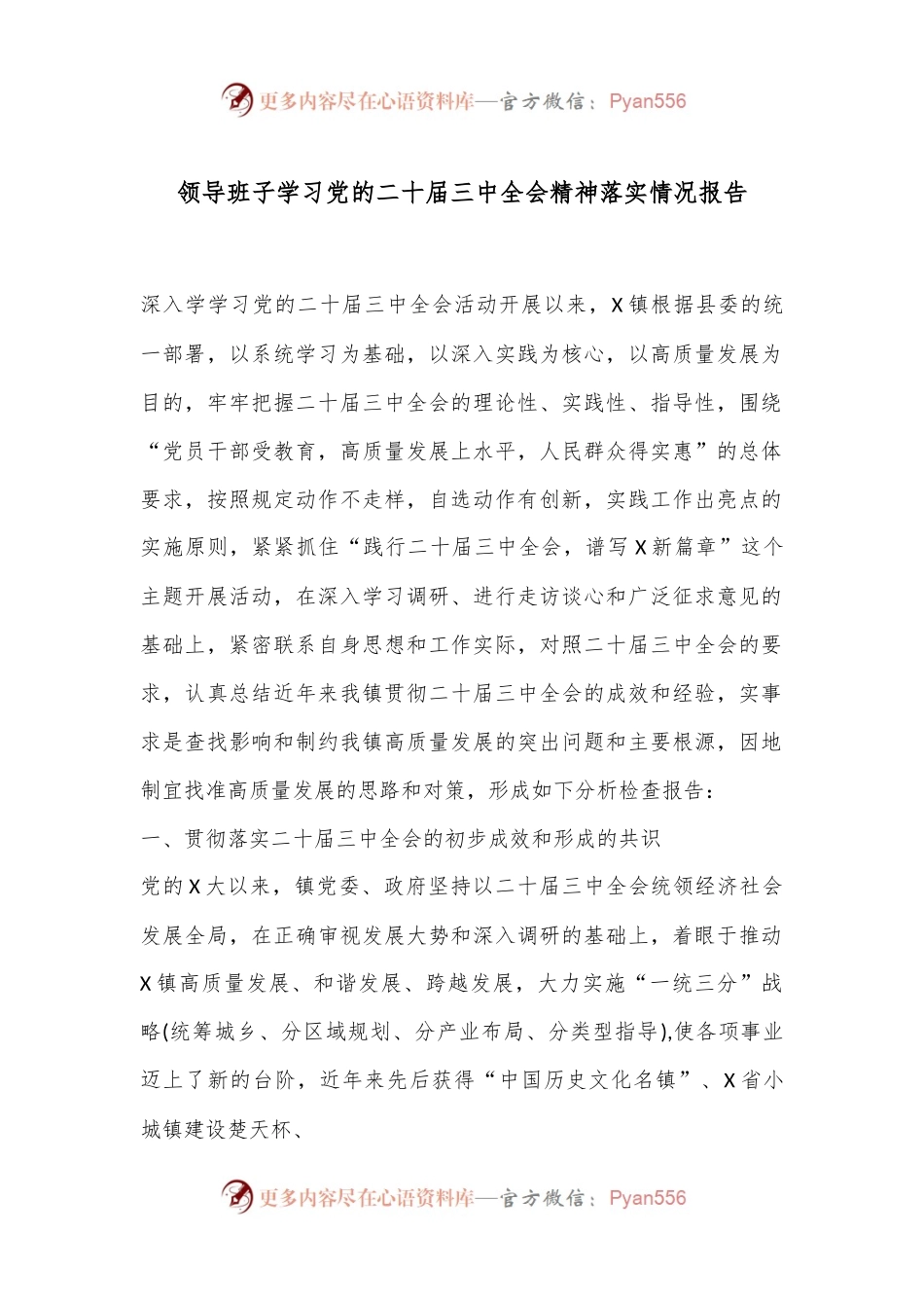 领导班子学习党的二十届三中全会精神落实情况报告.docx_第1页