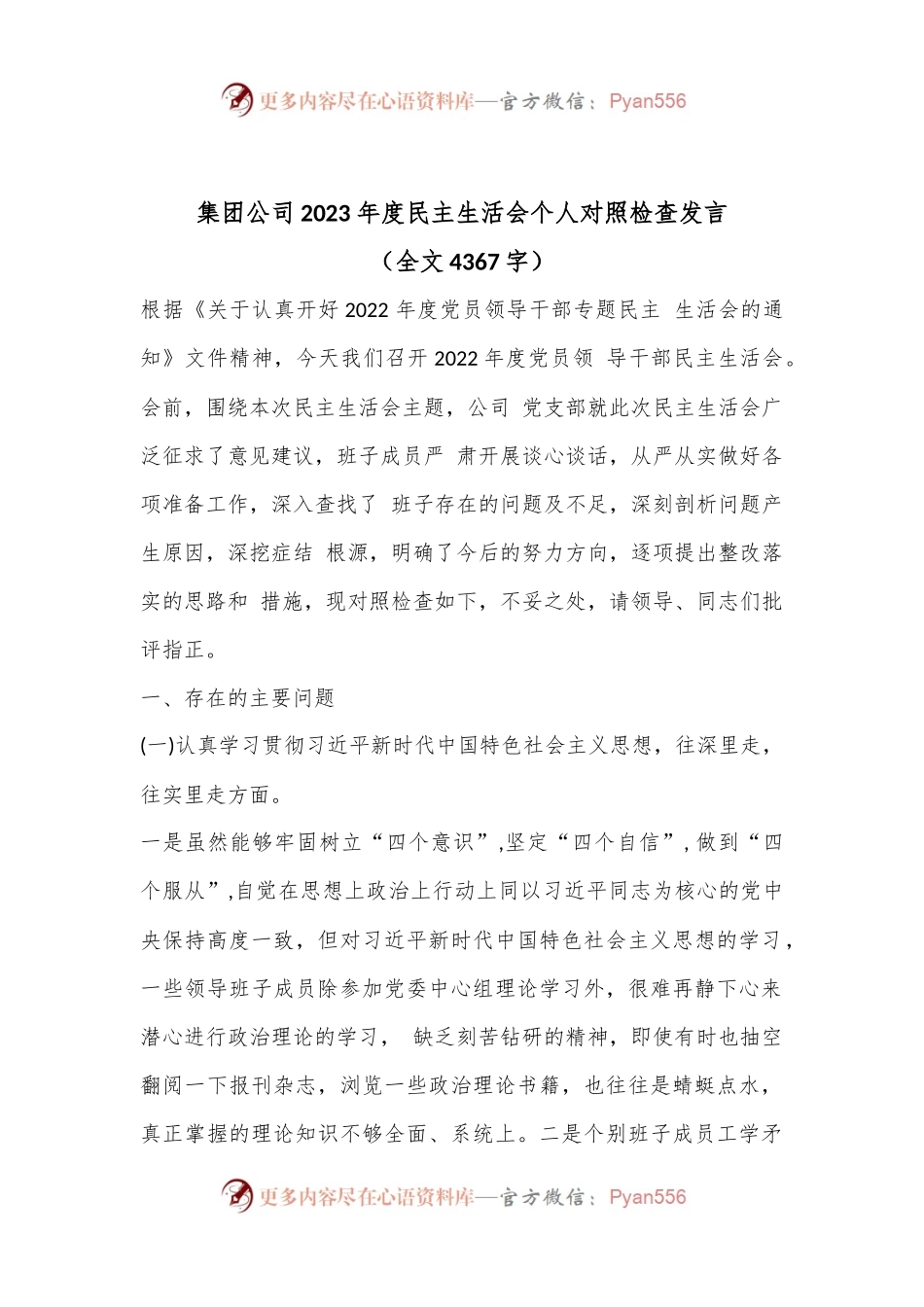 集团公司2023年度民主生活会个人对照检查发言（全文4367字）.docx_第1页