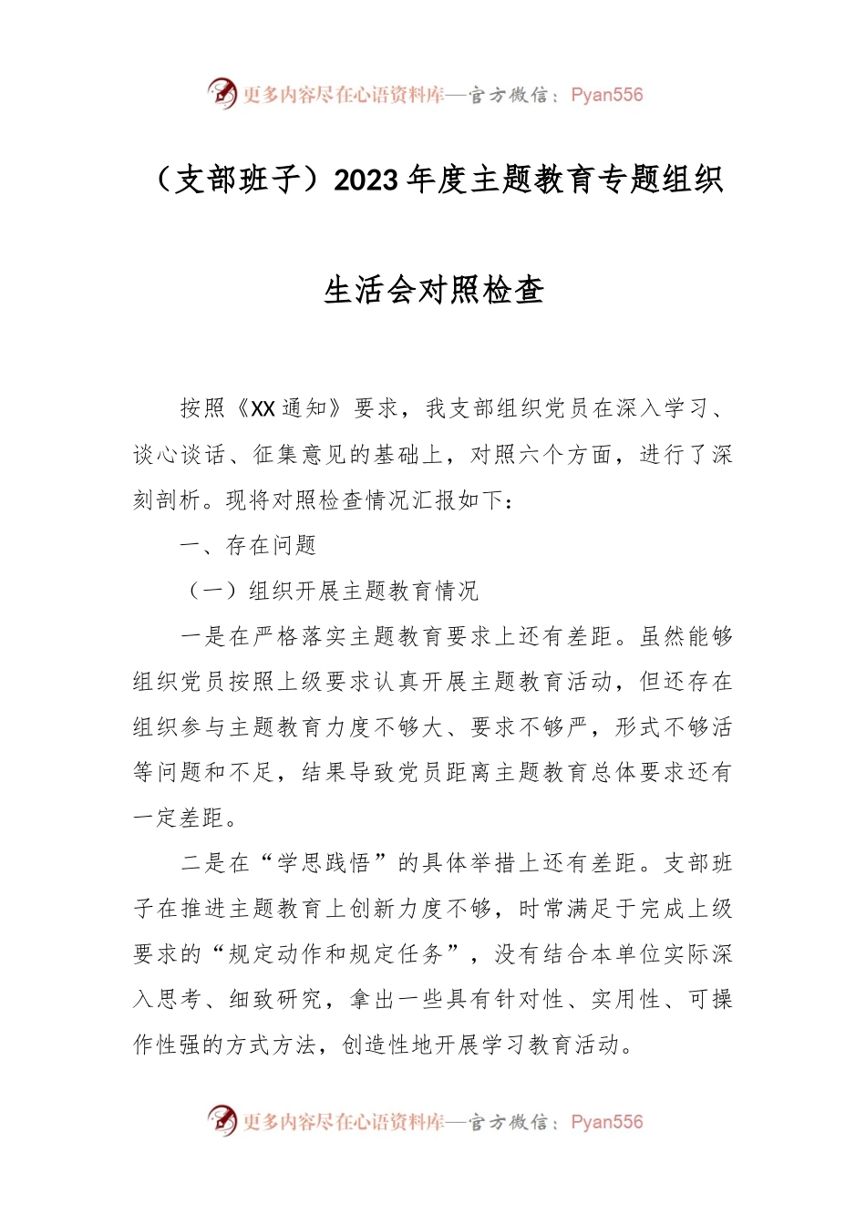 （支部班子）2023年度主题教育专题组织生活会对照检查.docx_第1页