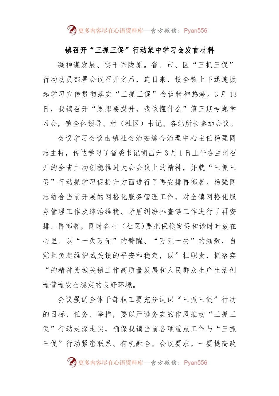 镇召开“三抓三促”行动集中学习会发言材料.docx_第1页