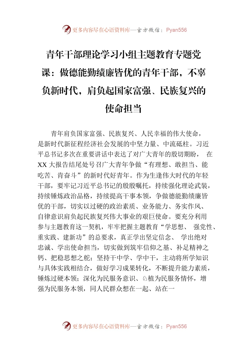 青年干部理论学习小组主题教育专题党课：做德能勤绩廉皆优的青年干部，不辜负新时代，肩负起国家富强、民族复兴的使命担当.docx_第1页