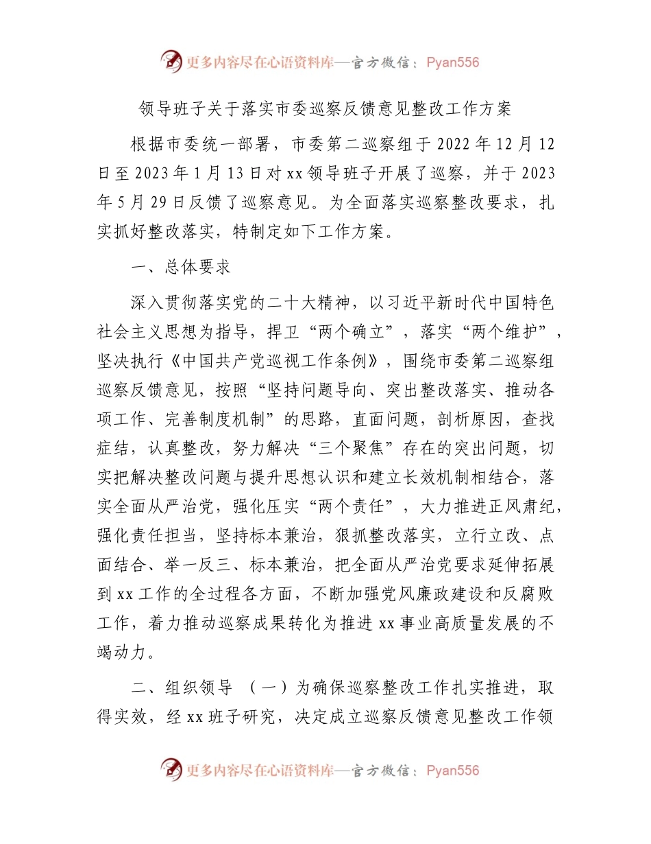 领导班子落实巡察反馈意见整改工作方案.docx_第1页