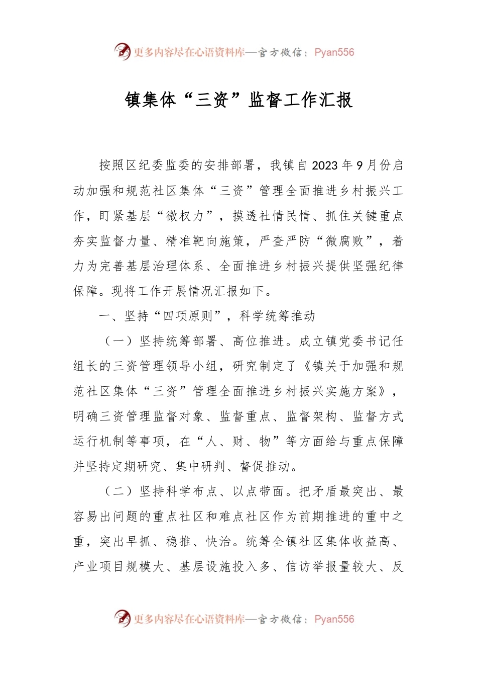 镇集体“三资”监督工作汇报.docx_第1页