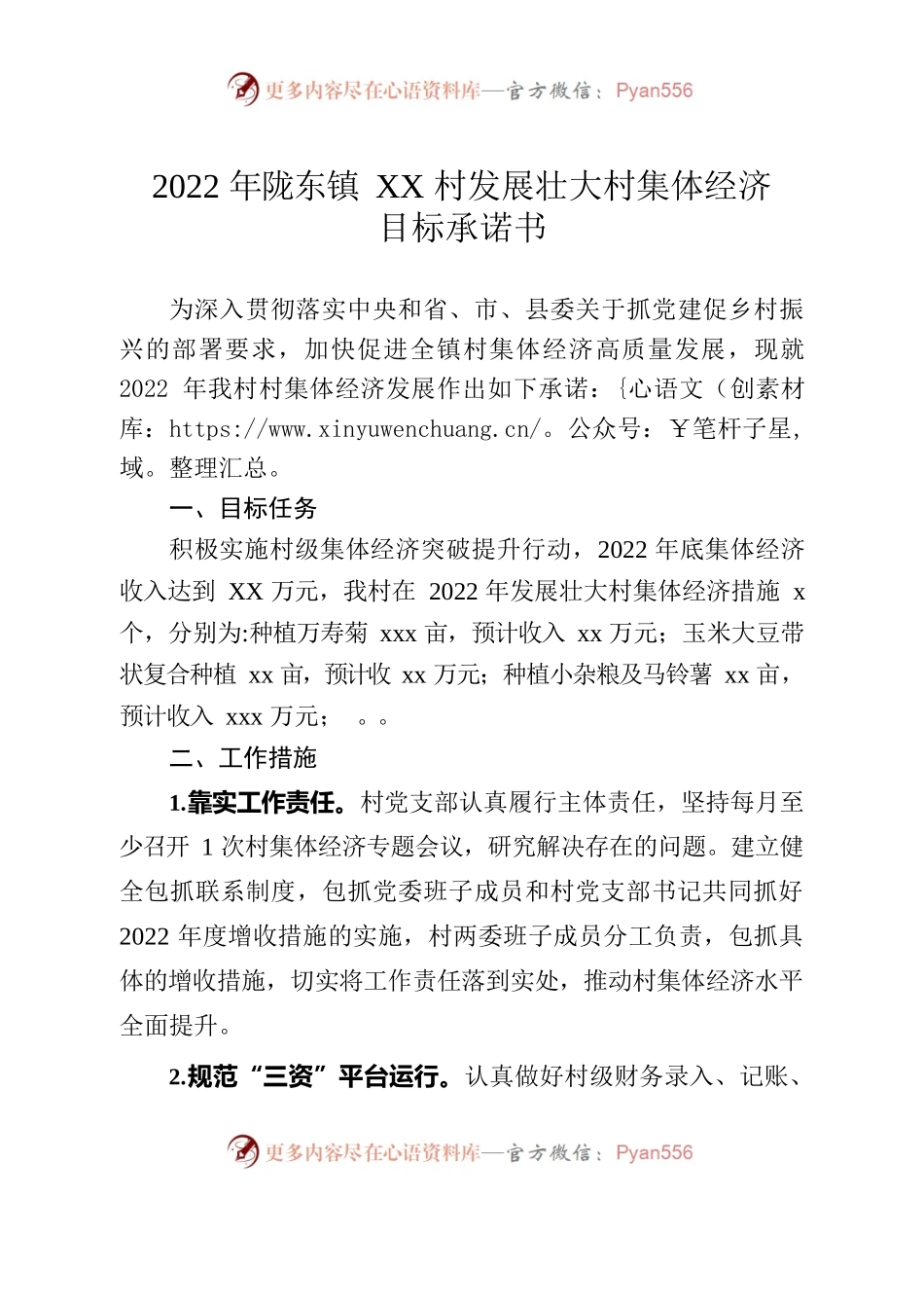 陇东镇XX村2022年集体经济发展目标承诺书.docx_第1页