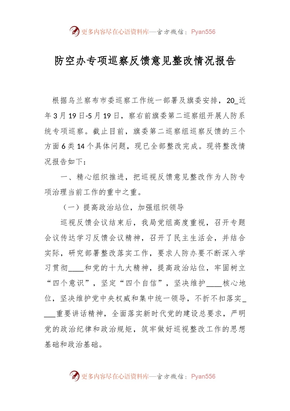 防空办专项巡察反馈意见整改情况报告.docx_第1页