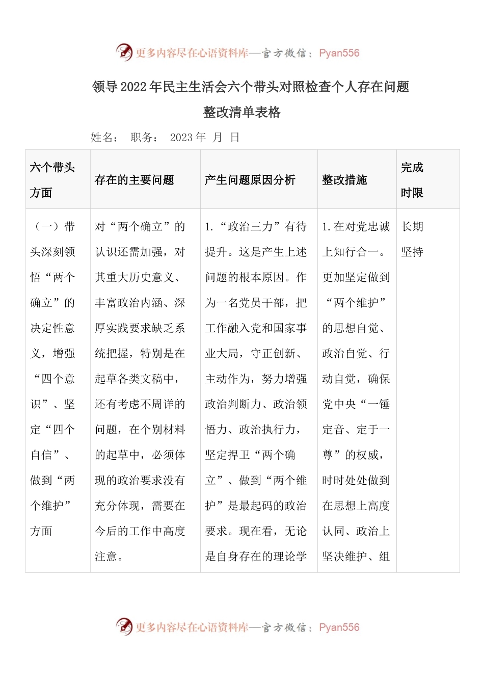 领导2022年民主生活会六个带头对照检查个人存在问题整改清单表格.docx_第1页