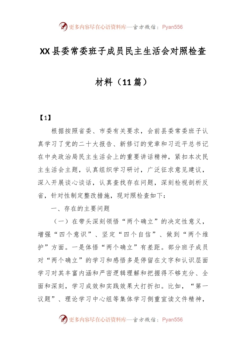 （11篇）XX县委常委班子成员民主生活会对照检查材料.docx_第1页