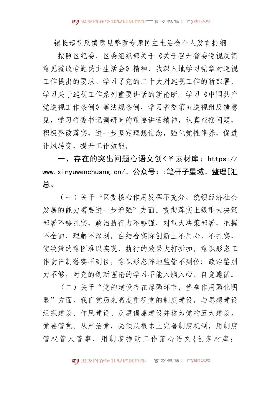 镇长巡视反馈意见整改专题民主生活会个人发言提纲(1).docx_第1页
