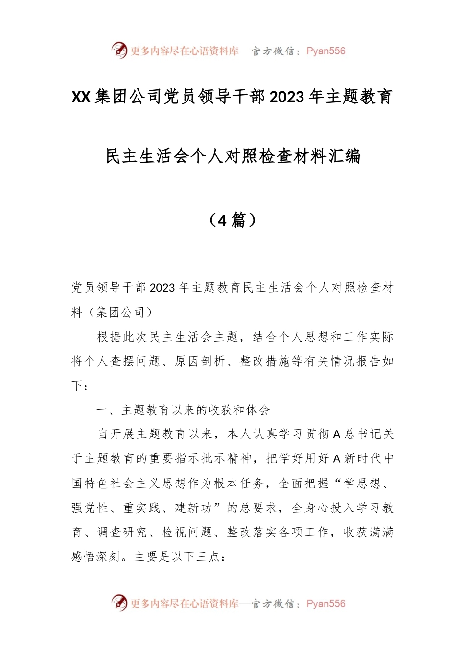 （4篇）XX集团公司党员领导干部2023年主题教育民主生活会个人对照检查材料汇编.docx_第1页