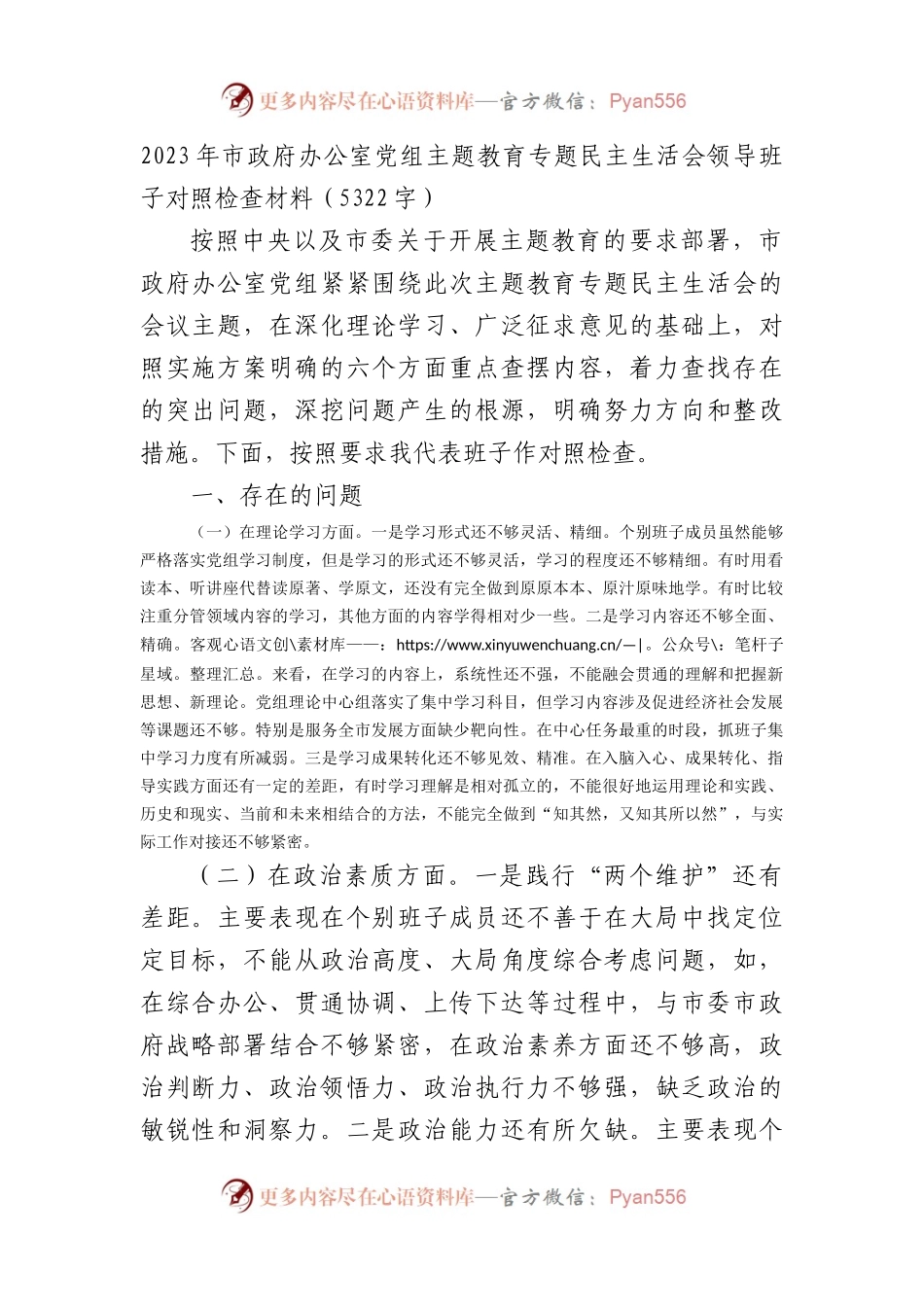 （班子）市政府办公室党组主题教育专题民主生活会领导班子对照检查材料.docx_第1页