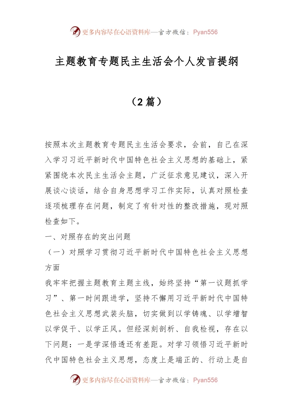 （2篇）主题教育专题民主生活会个人发言稿提纲.docx_第1页
