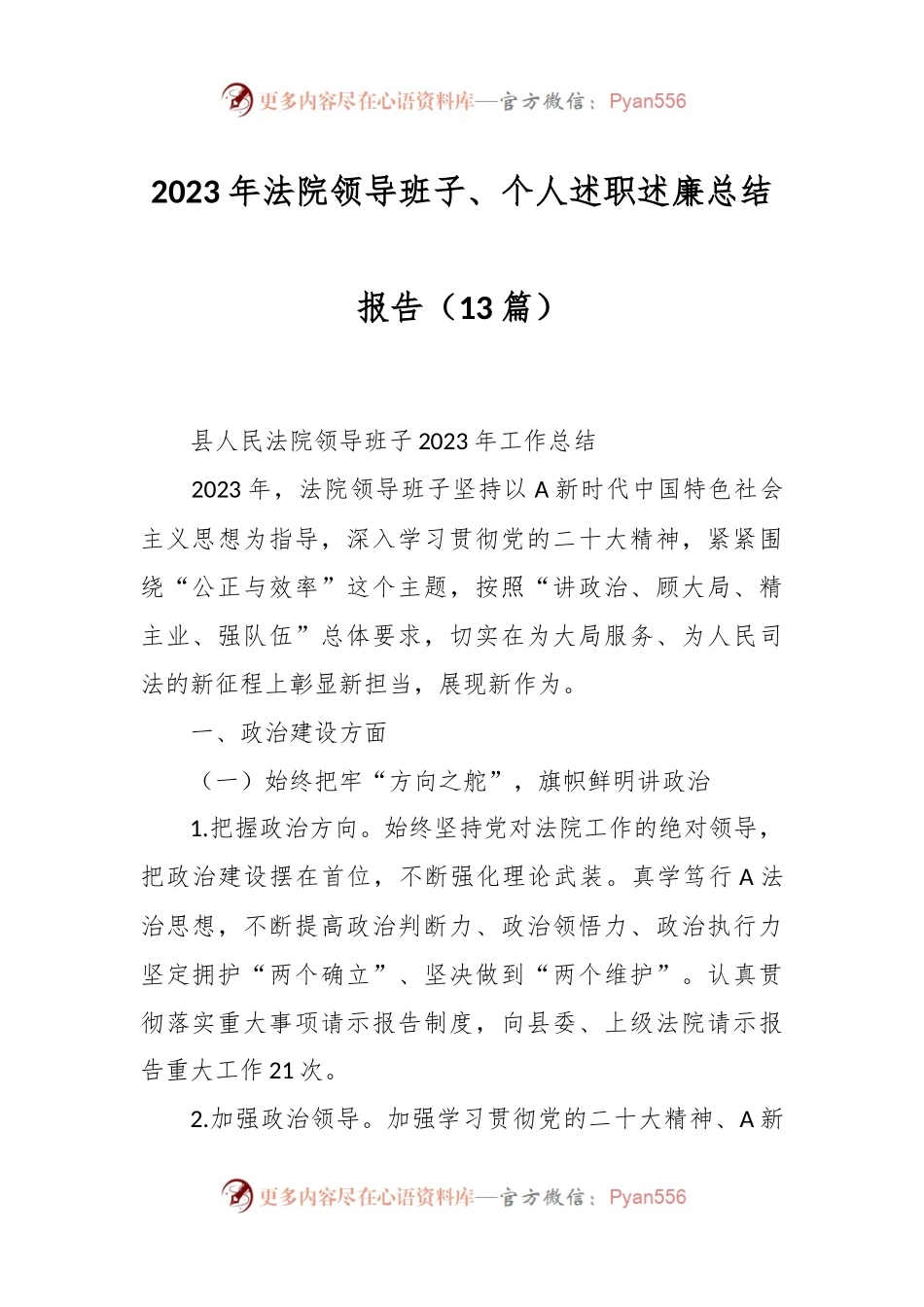 （13篇）2023年法院领导班子、个人述职述廉总结报告.docx_第1页