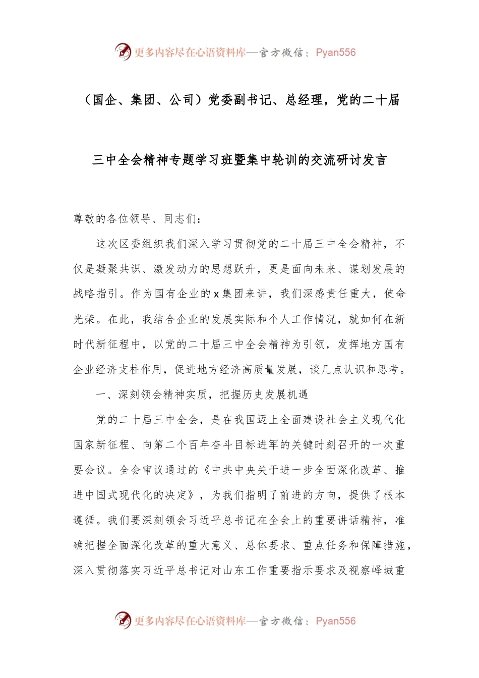（国企、集团、公司）党委副书记、总经理，党的二十届三中全会精神专题学习班暨集中轮训的交流研讨发言.docx_第1页