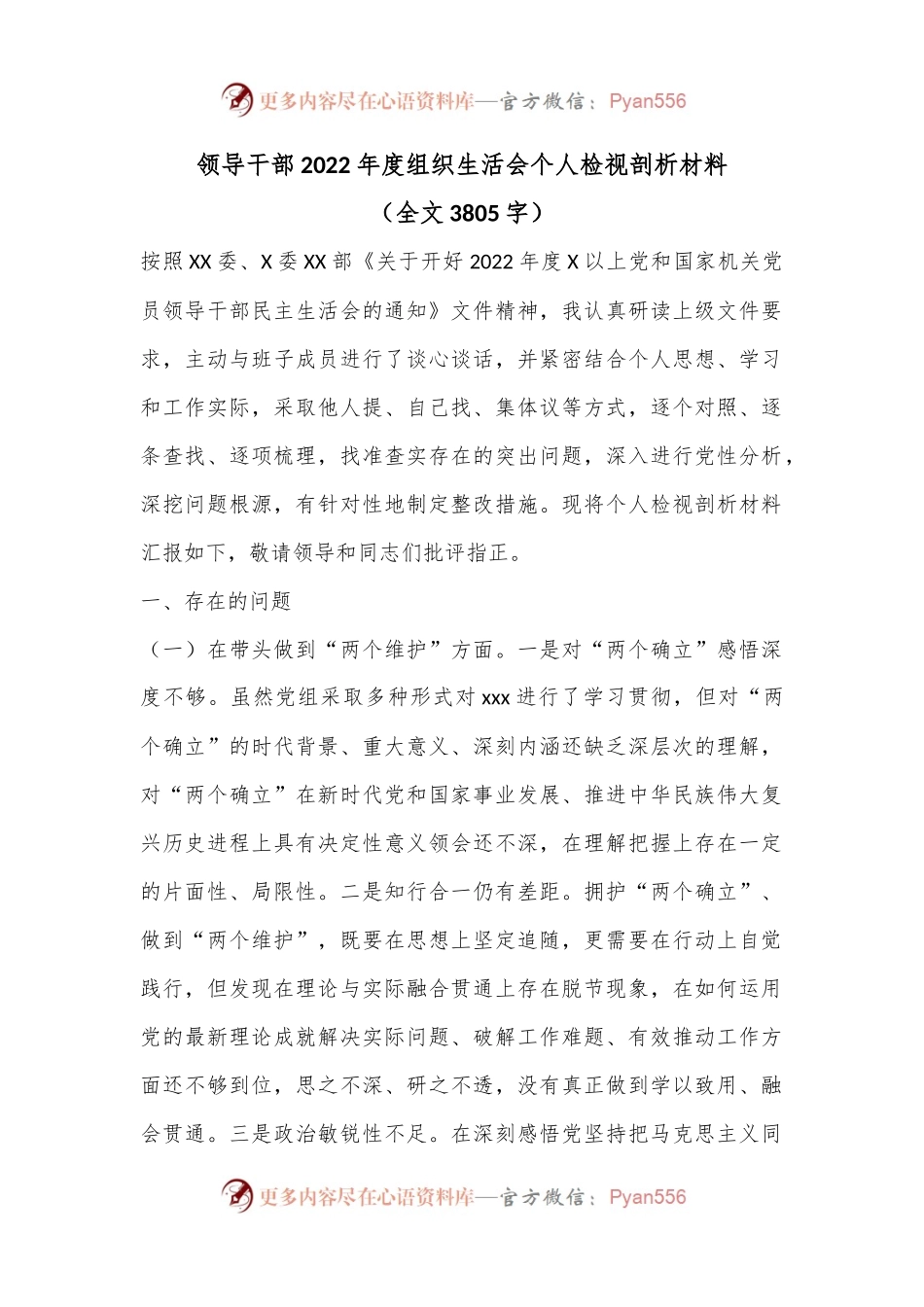 领导干部2022年度组织生活会个人检视剖析材料（全文3805字）.docx_第1页