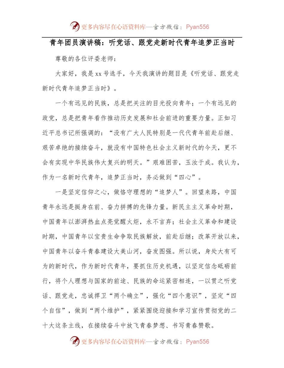 青年团员演讲稿：听党话、跟党走新时代青年追梦正当时.docx_第1页