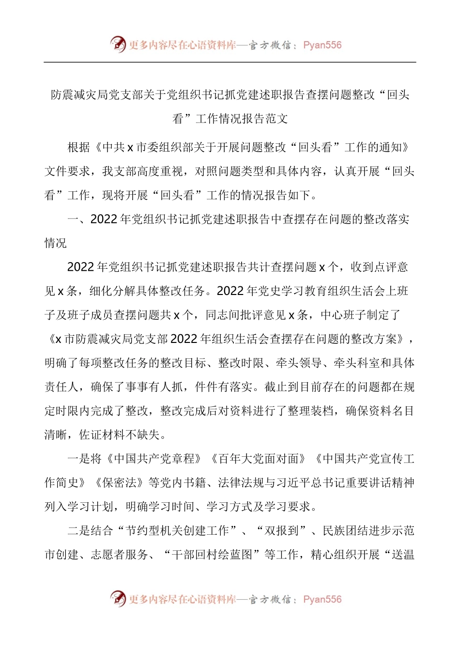 防震减灾局党支部关于党组织书记抓党建述职报告查摆问题整改回头看工作情况报告.docx_第1页