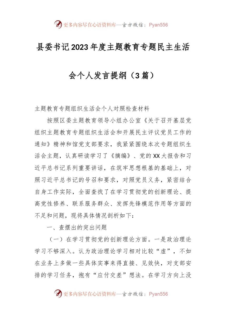 （3篇）县委书记2023年度主题教育专题民主生活会个人发言稿提纲.docx_第1页