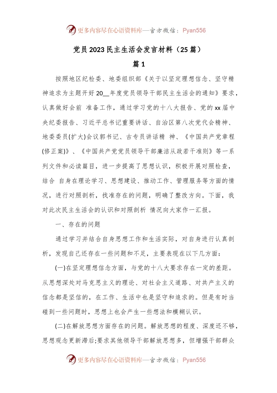 （25篇）党员2023民主生活会发言材料.docx_第1页