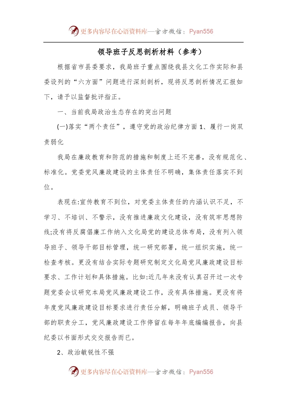 领导班子反思剖析材料（参考）2.docx_第1页