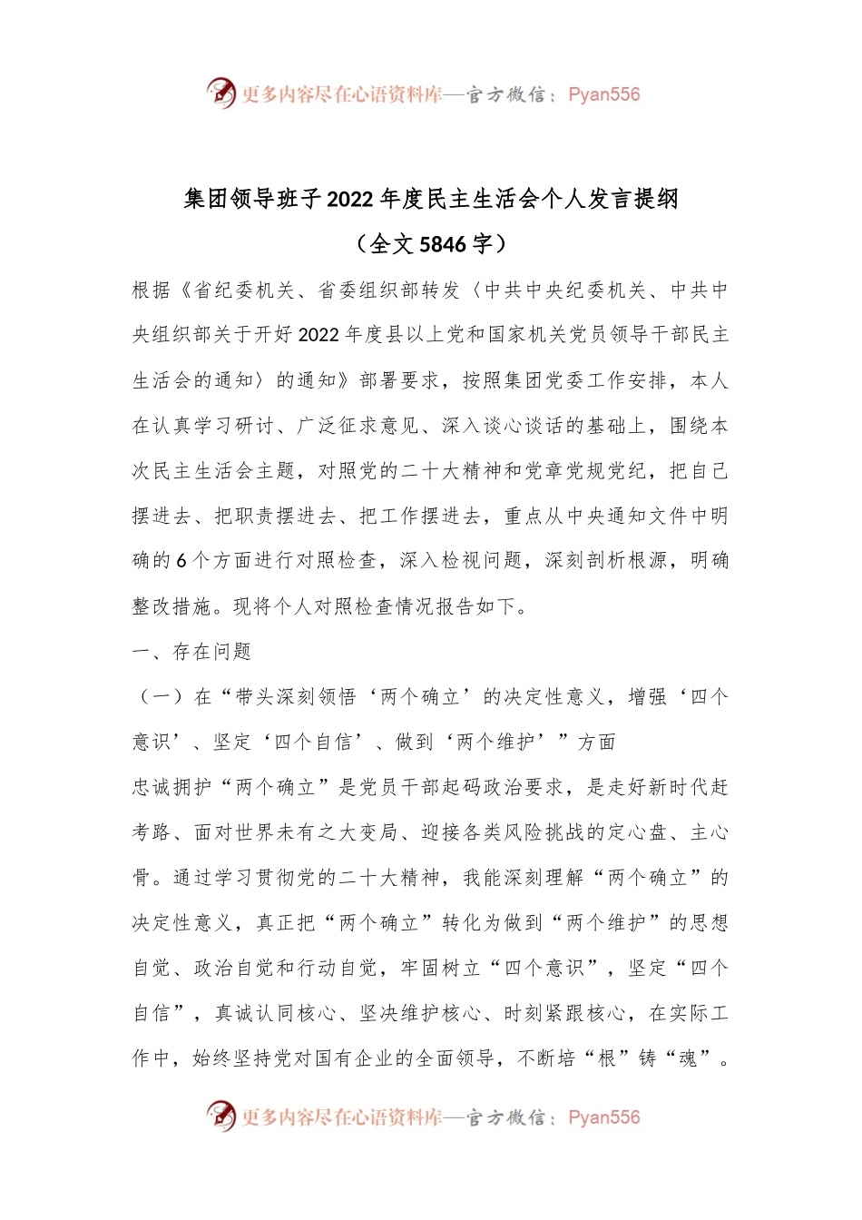集团领导班子2022年度民主生活会个人发言提纲（全文5846字）.docx_第1页