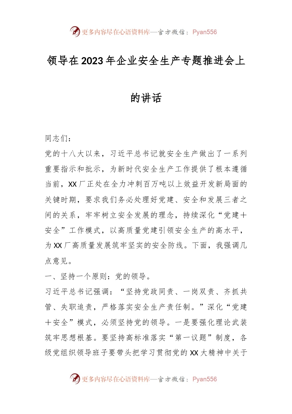 领导在2023年企业安全生产专题推进会上的讲话.docx_第1页