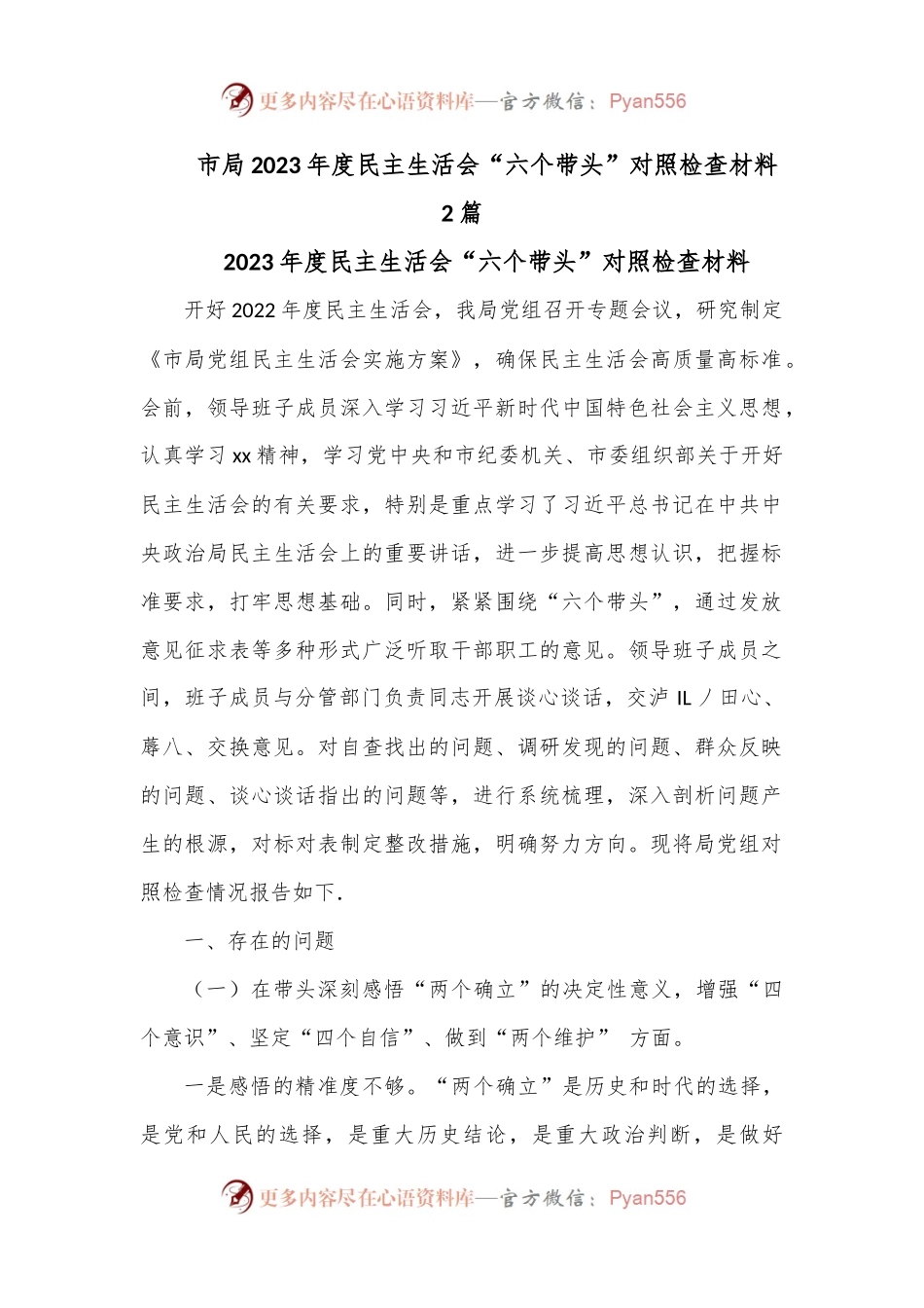 （2篇）市局2023年度民主生活会“六个带头”对照检查材料 (1).docx_第1页