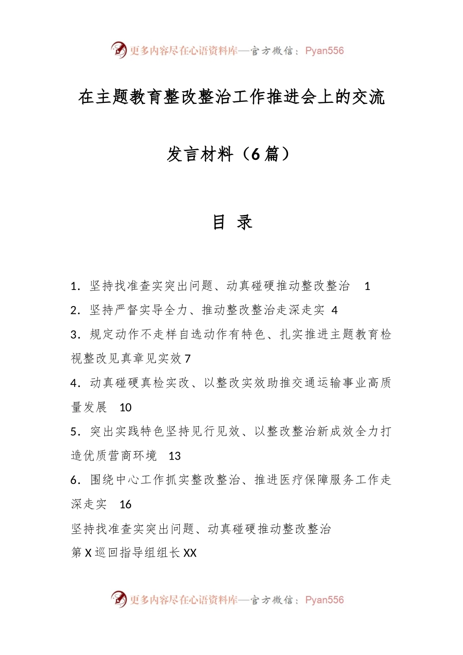 （6篇）在主题教育整改整治工作推进会上的交流发言材料.docx_第1页