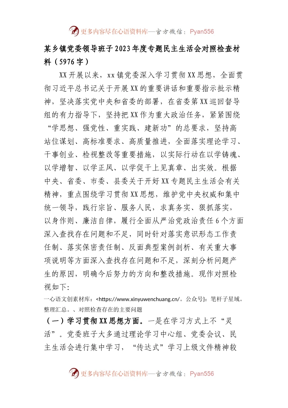 （乡镇班子）2023年度专题民主生活会对照检查（践行宗旨等6个方面）.docx_第1页