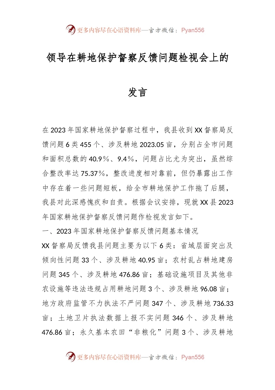 领导在耕地保护督察反馈问题检视会上的发言.docx_第1页