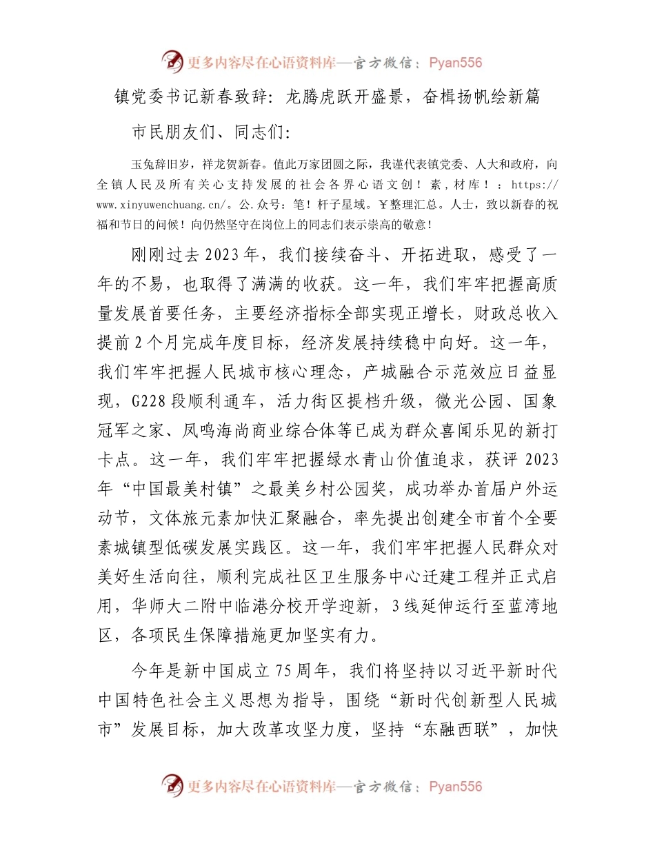 镇党委书记新春致辞：龙腾虎跃开盛景，奋楫扬帆绘新篇.docx_第1页