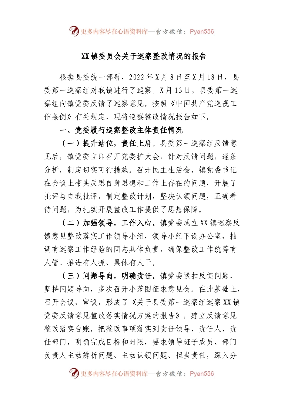 镇委员会巡察整改情况的报告.docx_第1页