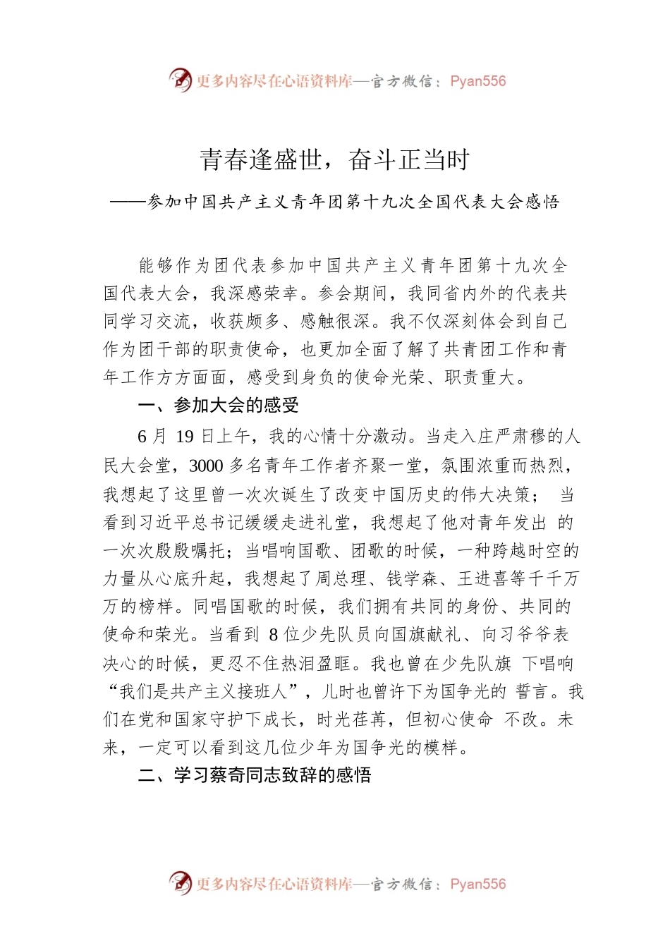 青春逢盛世，奋斗正当时——参加中国共产主义青年团第十九次全国代表大会感悟.docx_第1页