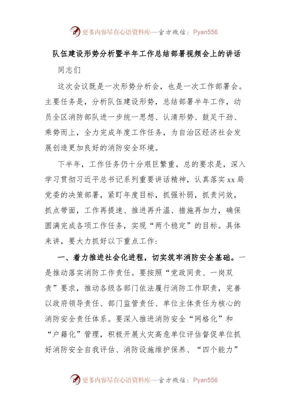 队伍建设形势分析暨半年工作总结部署视频会上的讲话.docx_第1页
