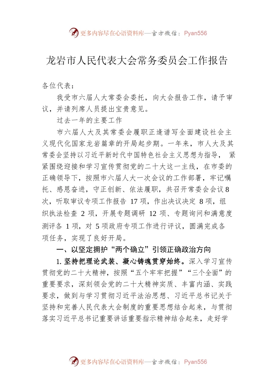 龙岩市人民代表大会常务委员会工作报告（20230105）.docx_第1页