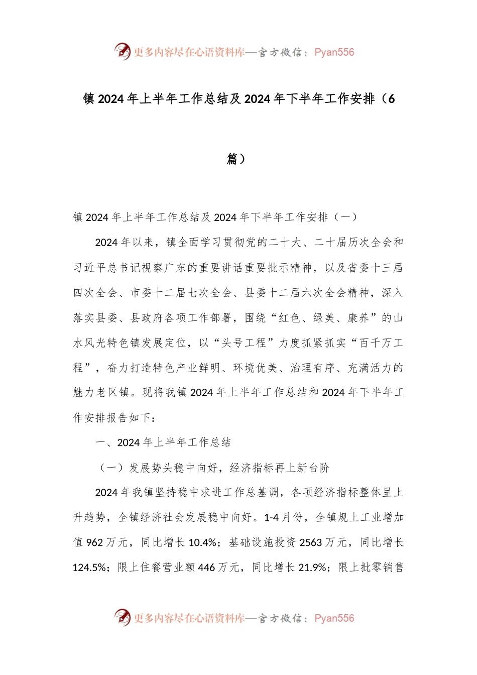（6篇）镇2024年上半年工作总结及2024年下半年工作安排.docx_第1页