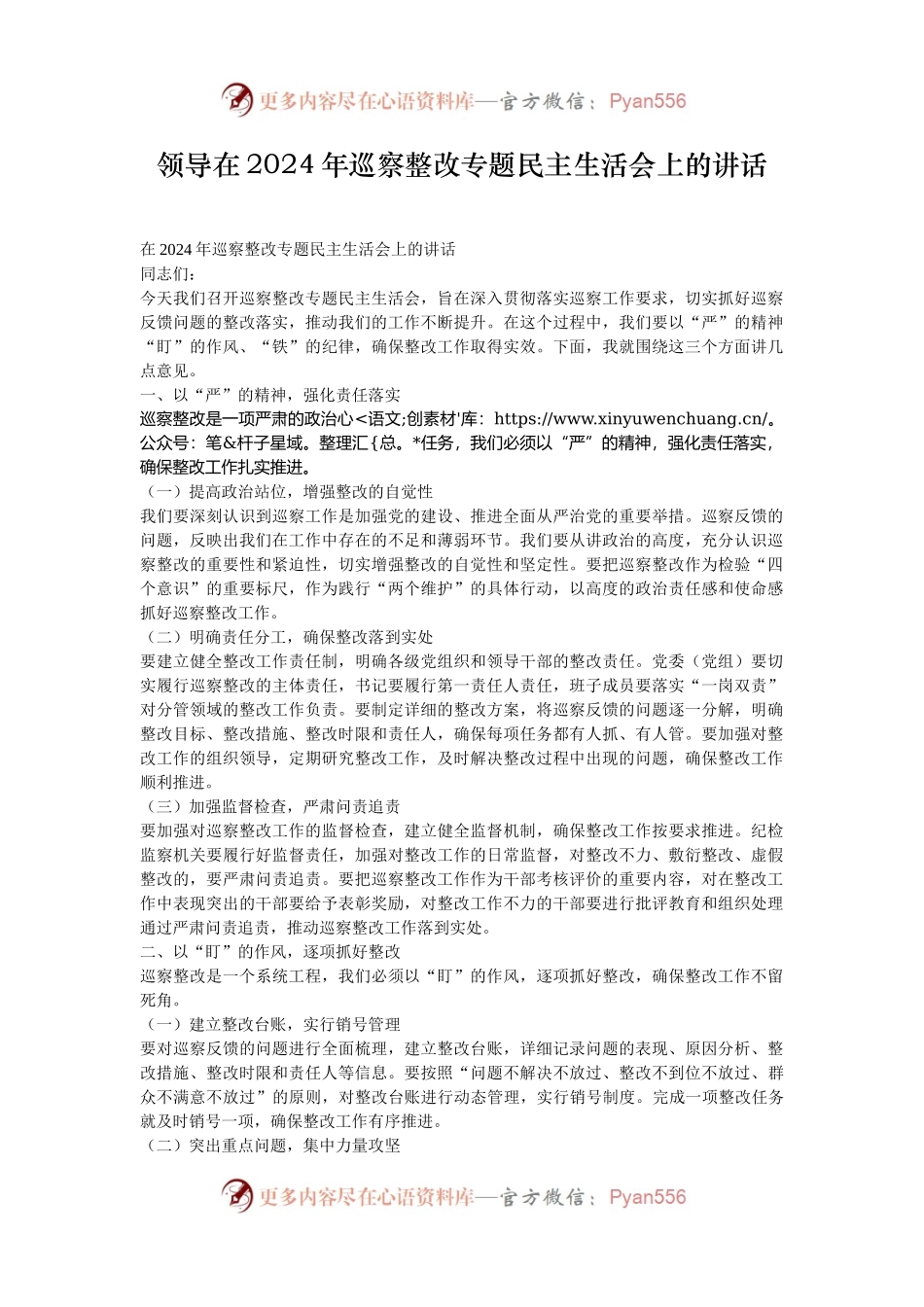 领导在2024年巡察整改专题民主生活会上的讲话.docx_第1页