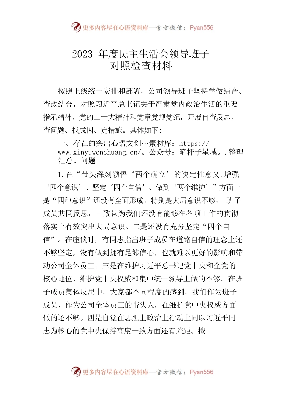 （公司）2023年度民主生活会领导班子对照检查材料.docx_第1页