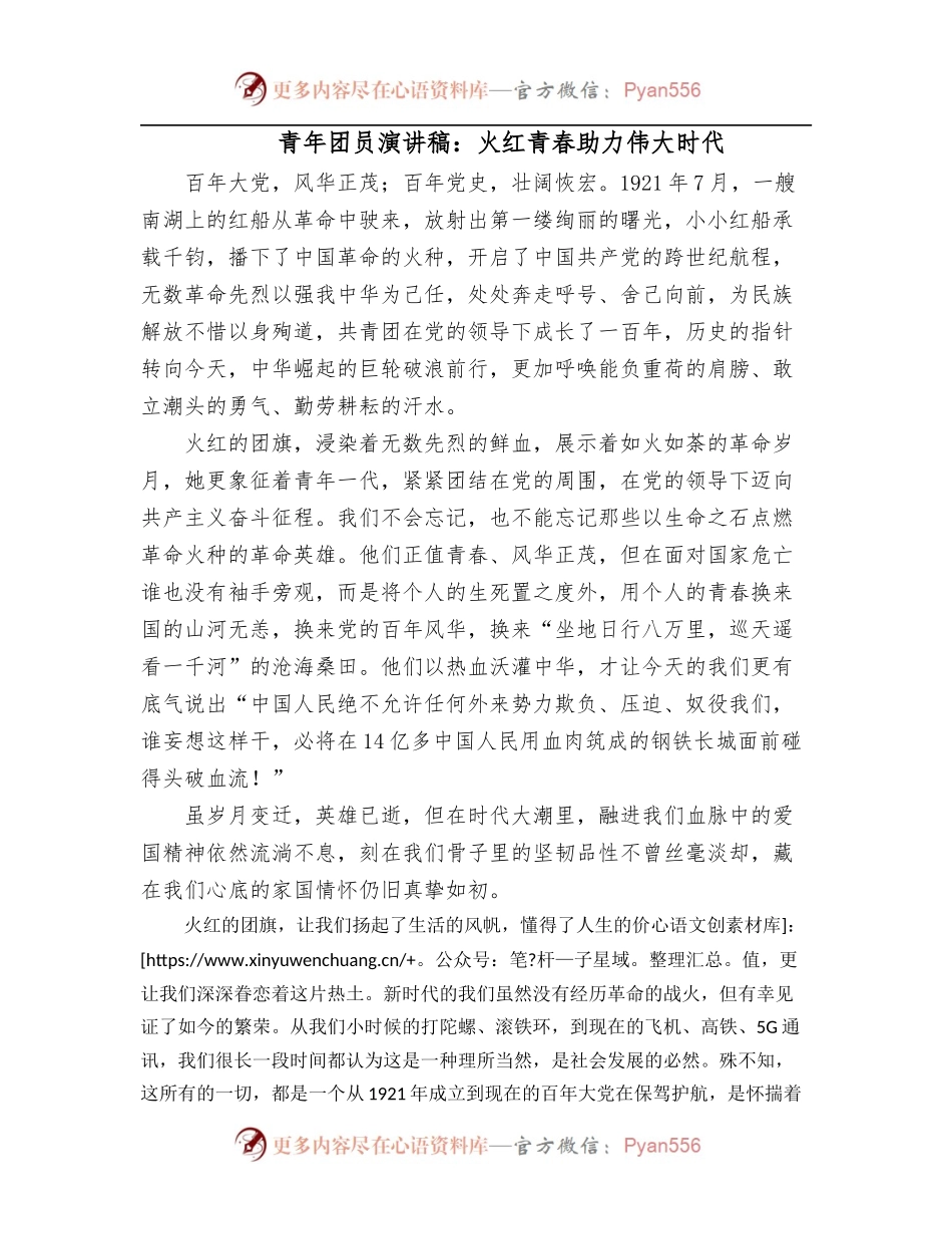 青年团员演讲稿：火红青春助力伟大时代.docx_第1页