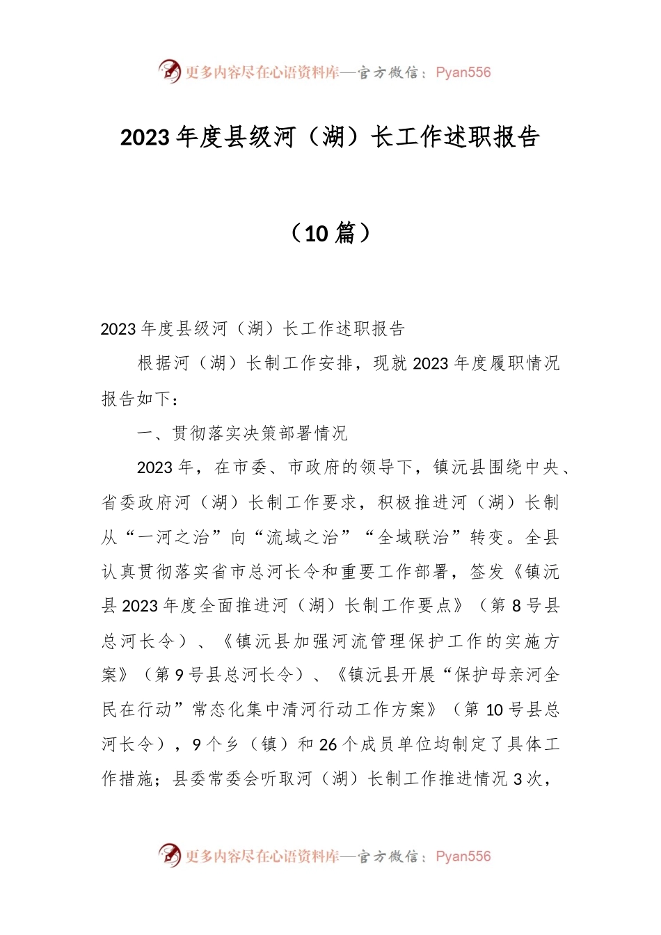 （10篇）2023年度县级河（湖）长工作述职报告.docx_第1页