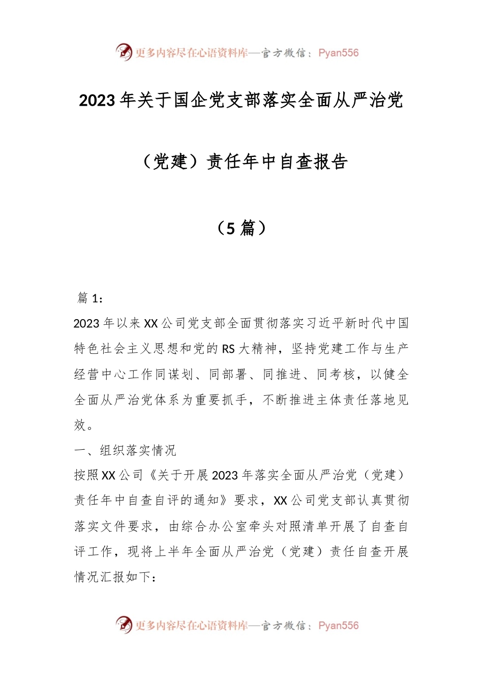 （5篇）2023年关于国企党支部落实全面从严治党（党建）责任年中自查报告.docx_第1页